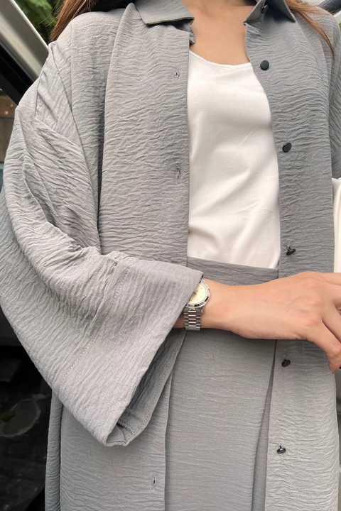 Textured Button Down Co-ord Set - Ice Grey