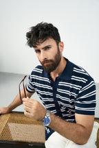 Knit Button Polo - Blue and white