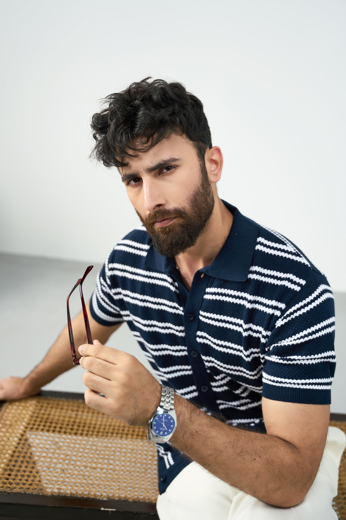 Knit Button Polo - Blue and white