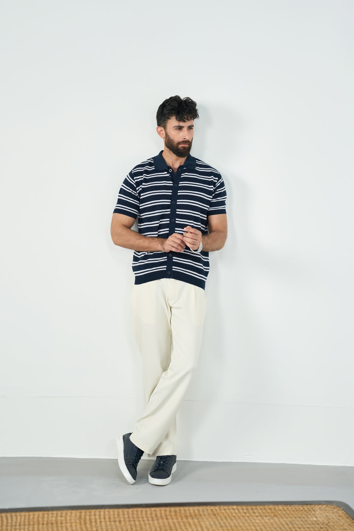 Knit Button Polo - Blue and white