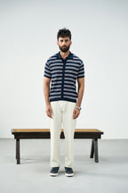 Knit Button Polo - Blue and white