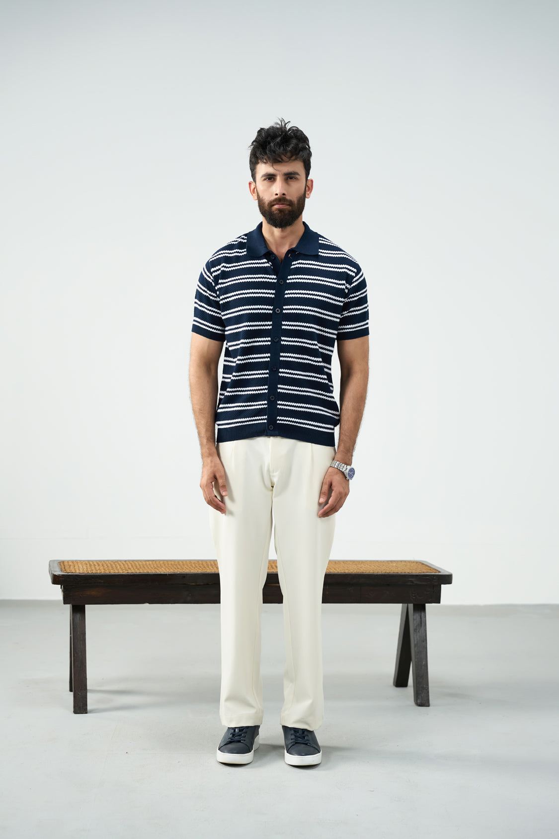 Knit Button Polo - Blue and white