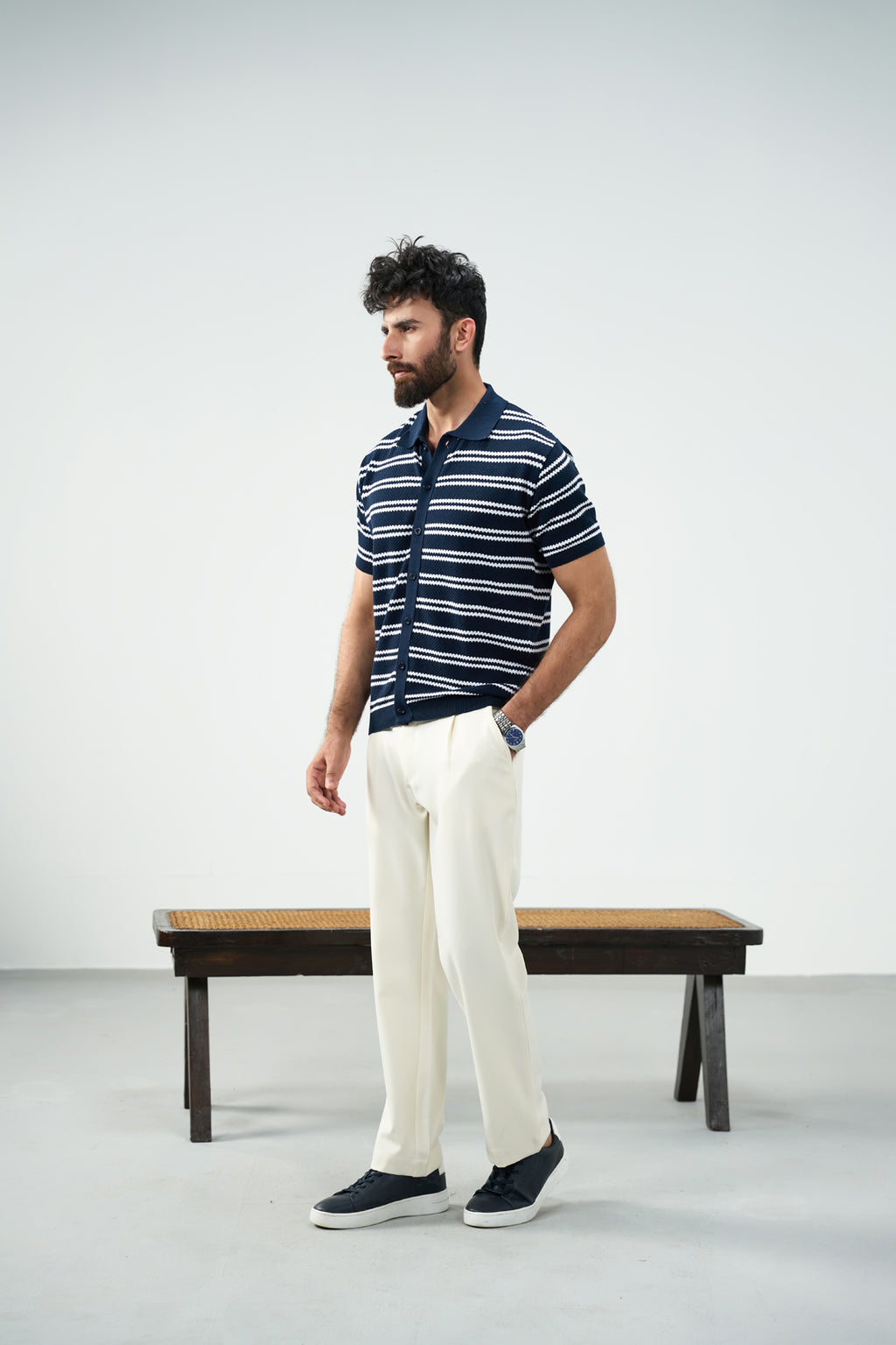 Knit Button Polo - Blue and white