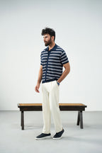 Knit Button Polo - Blue and white