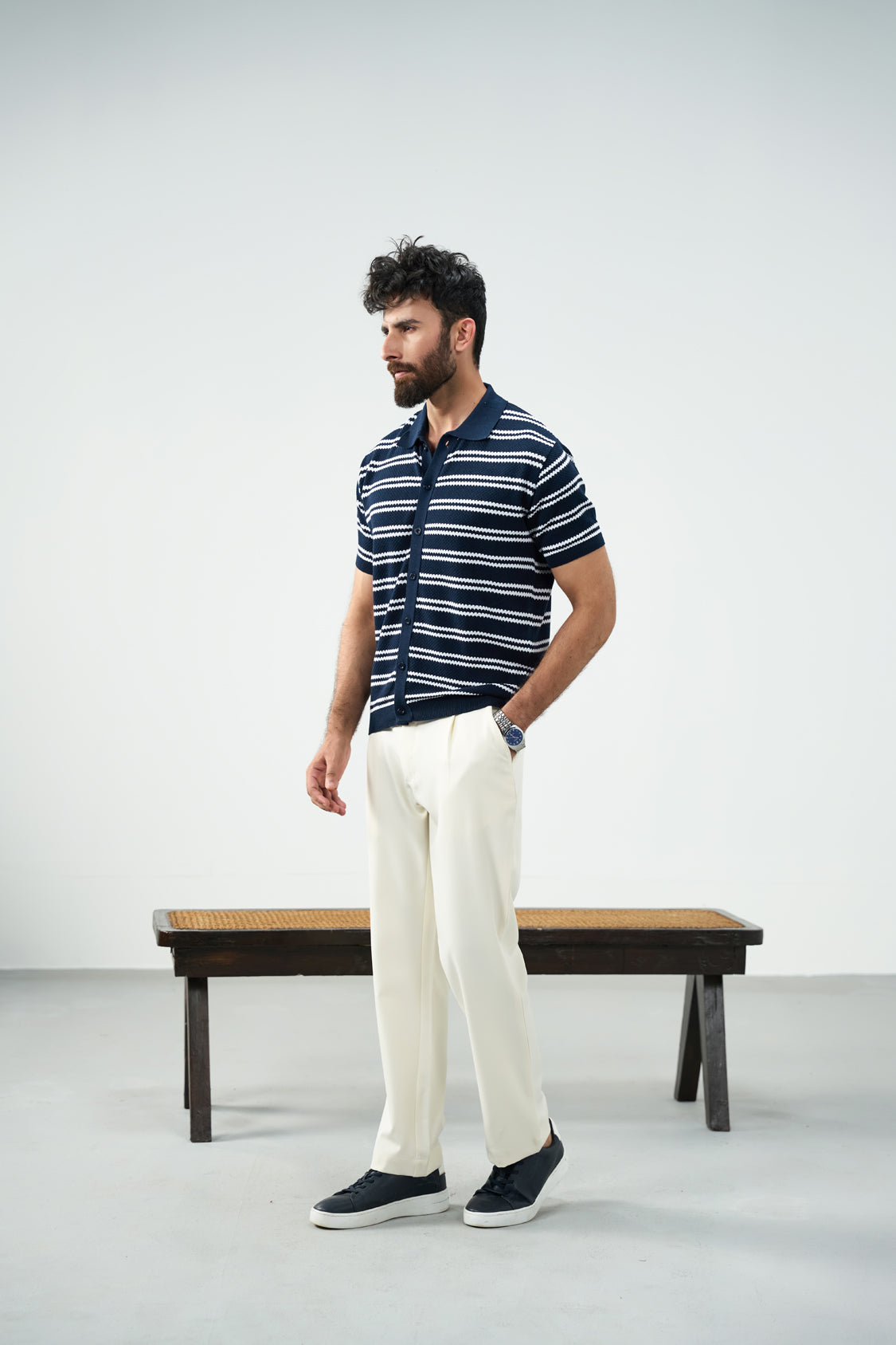 Knit Button Polo - Blue and white