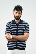 Knit Button Polo - Blue and white