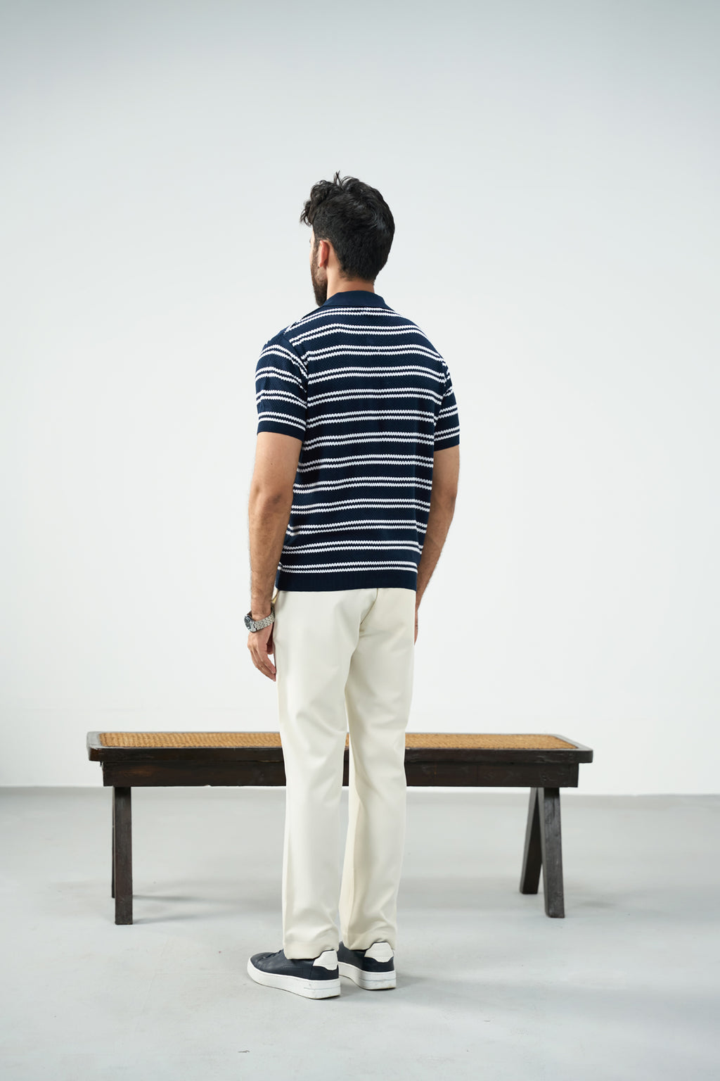Knit Button Polo - Blue and white