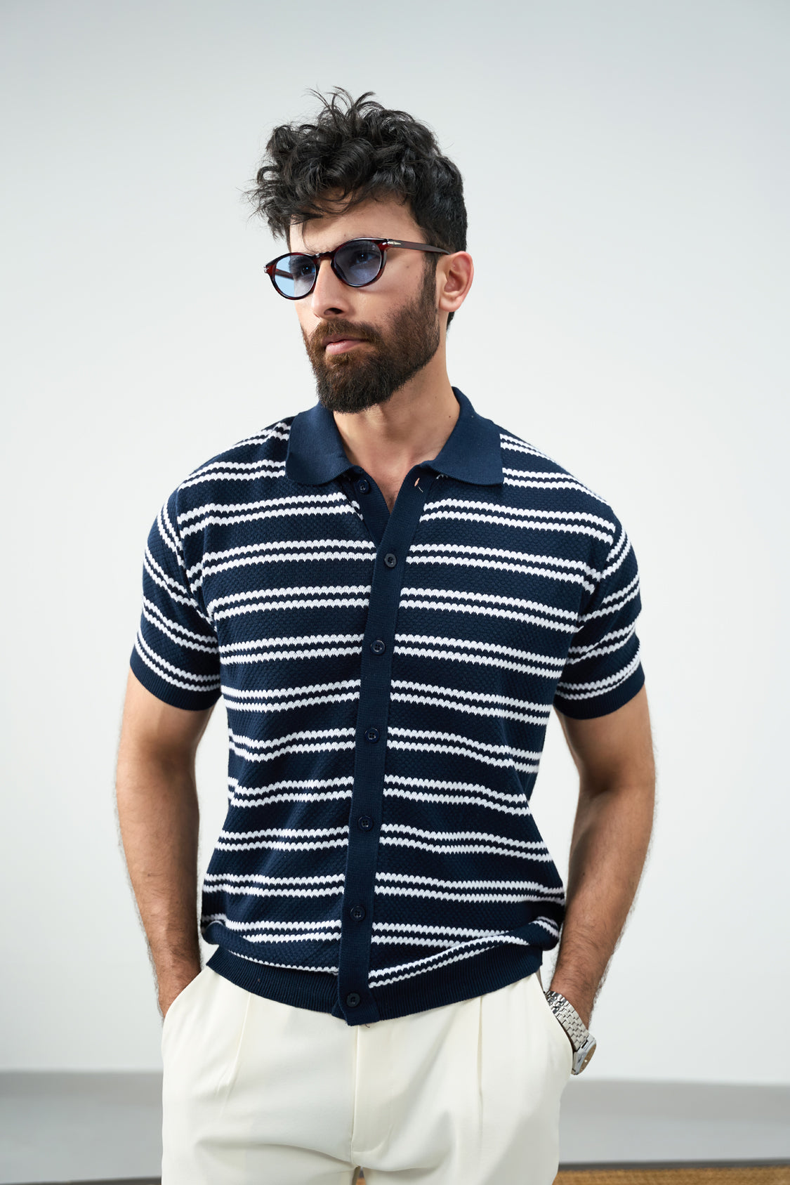 Knit Button Polo - Blue and white