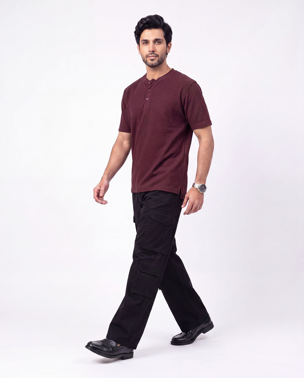 Textured Henley - Maroon Textured