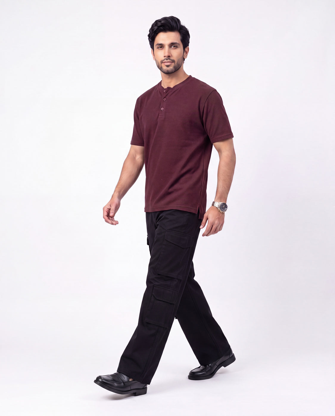 Textured Henley - Maroon Textured