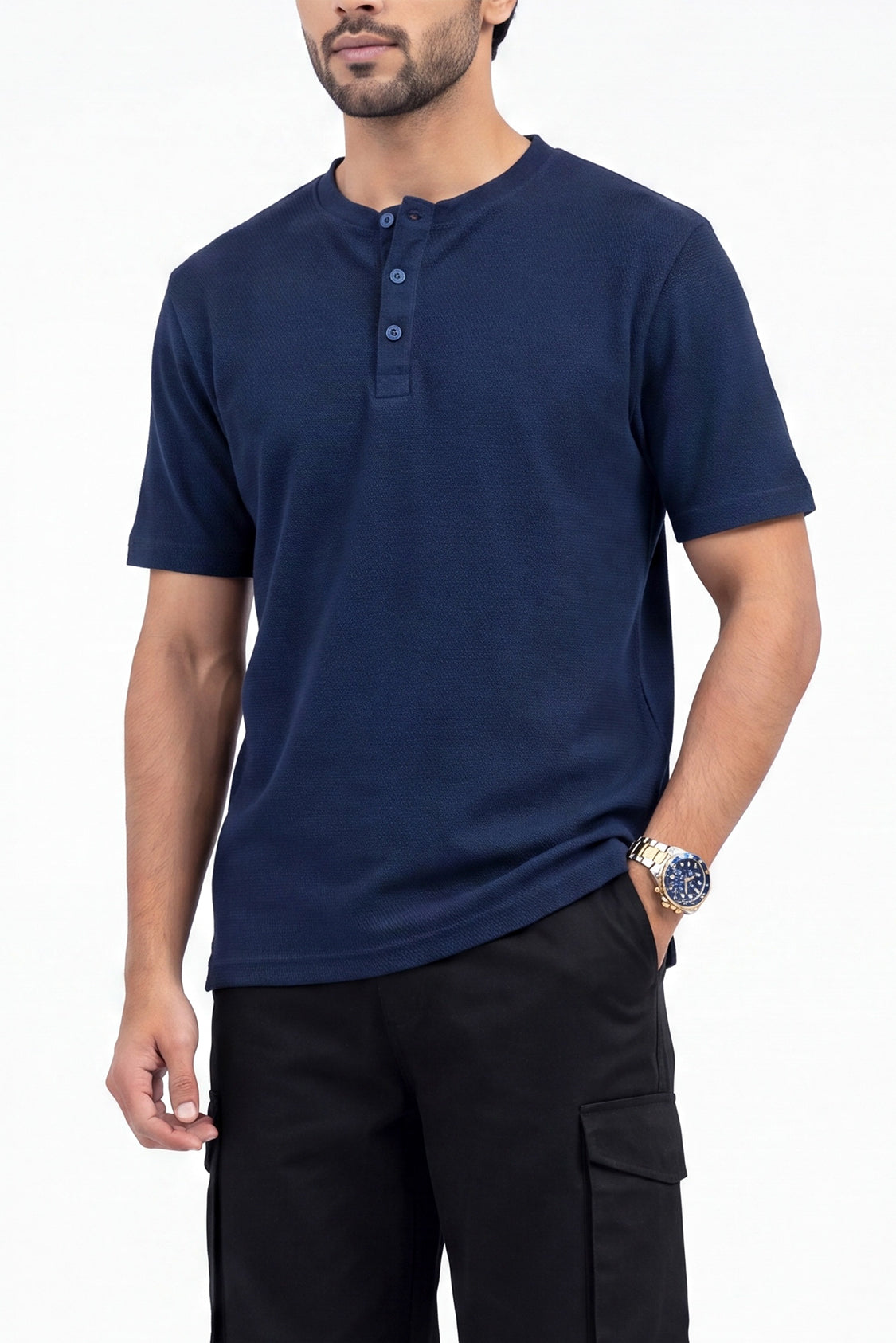 Textured Henley - Navy Textured