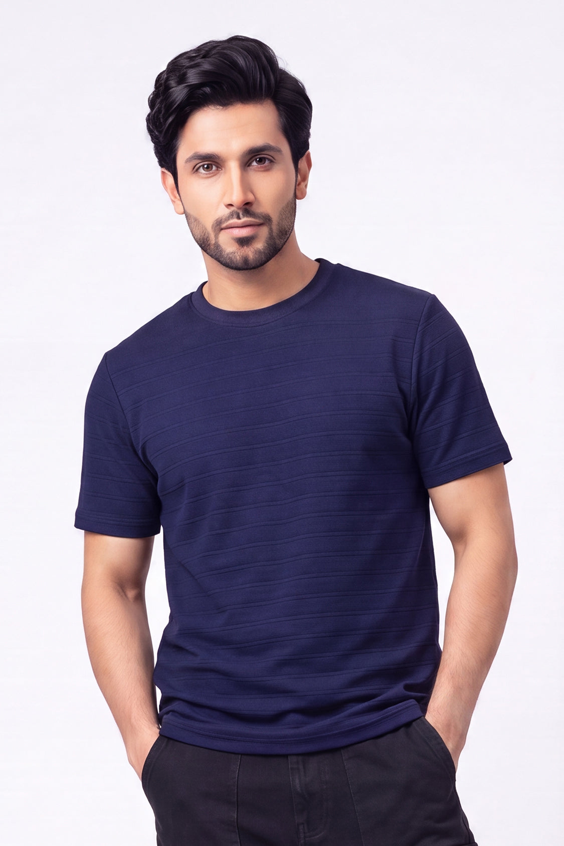 Textured Crew Neck Tee - Navy