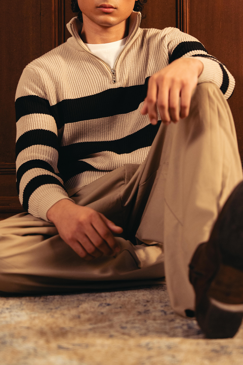 Quarter Zip Stripped Sweater - Cream and Black