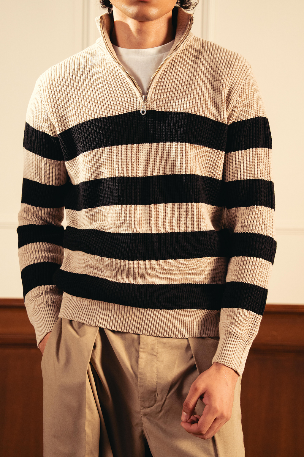 Quarter Zip Stripped Sweater – Cream and Black