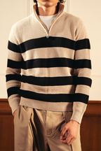 Quarter Zip Stripped Sweater – Cream and Black