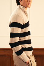 Quarter Zip Stripped Sweater – Cream and Black