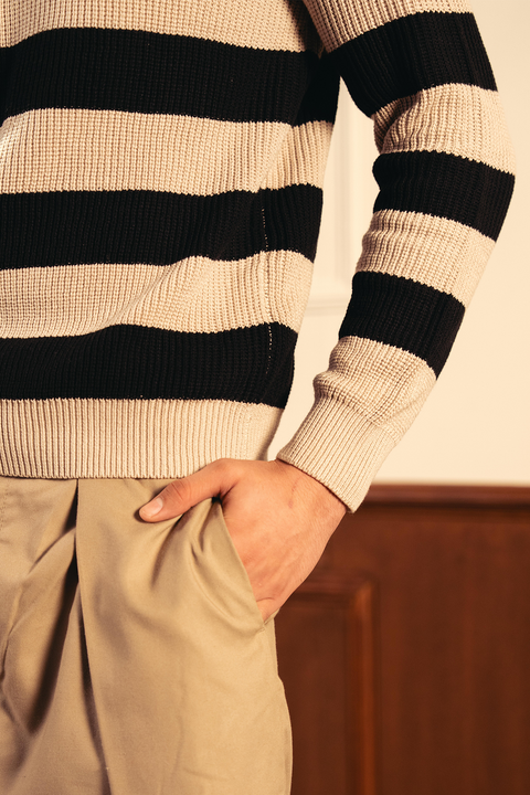 Quarter Zip Stripped Sweater - Cream and Black