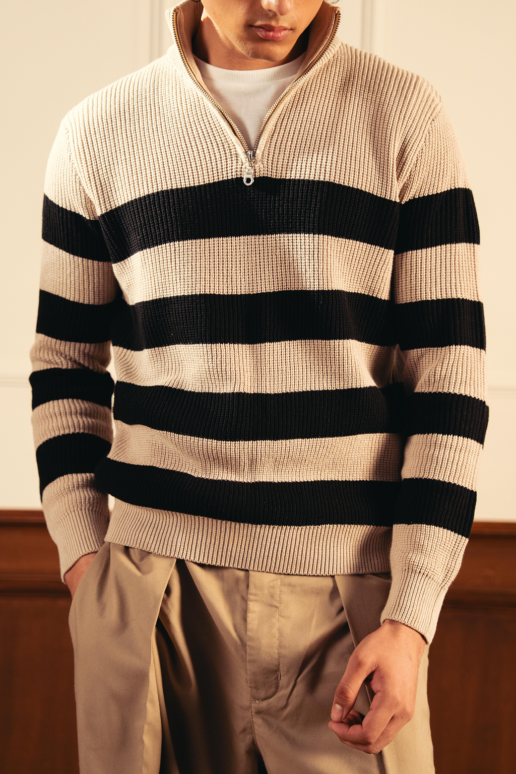 Quarter Zip Stripped Sweater – Cream and Black