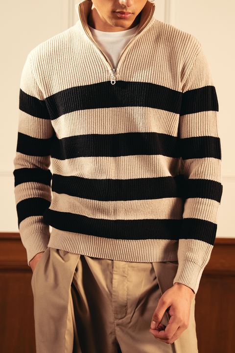 Quarter Zip Stripped Sweater - Cream and Black
