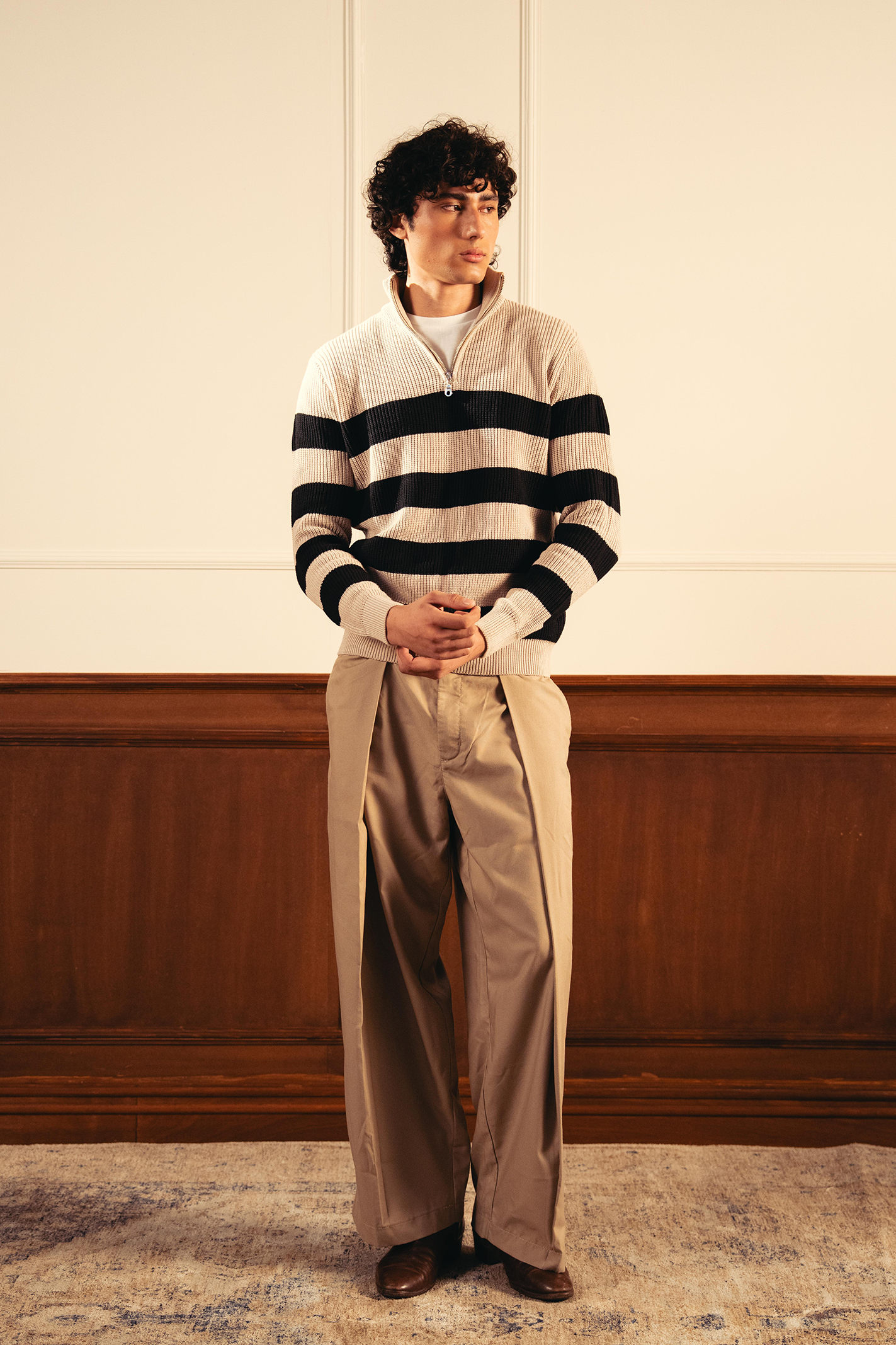 Quarter Zip Stripped Sweater – Cream and Black
