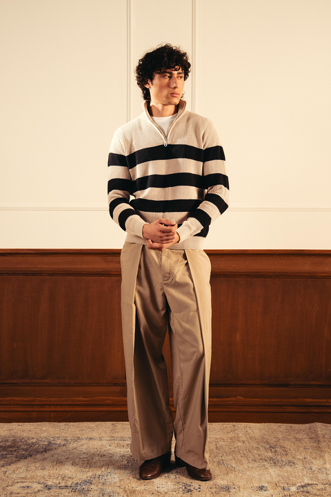 Quarter Zip Stripped Sweater - Cream and Black