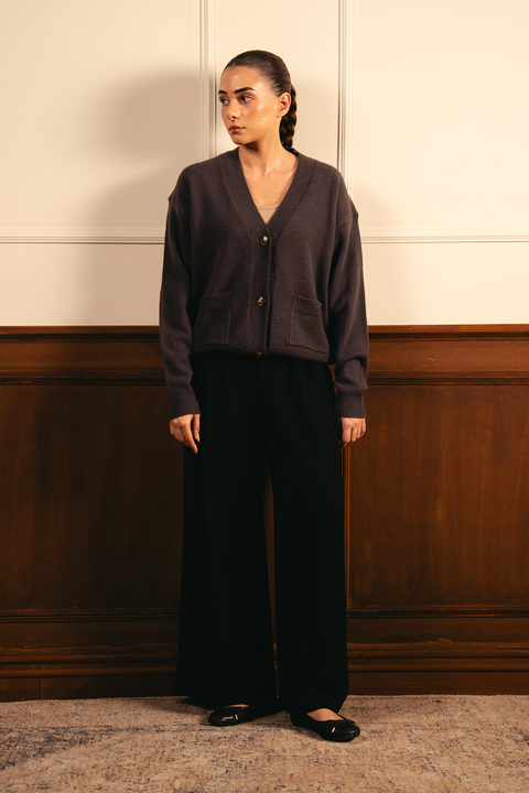 Snug-fit Wool Cardigan - Charcoal