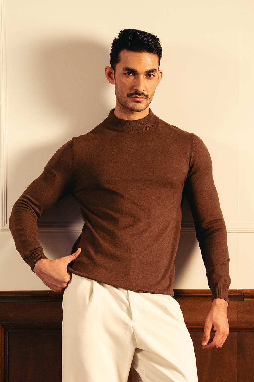 Soft Knit Mock Neck Sweater – Coffee Main image