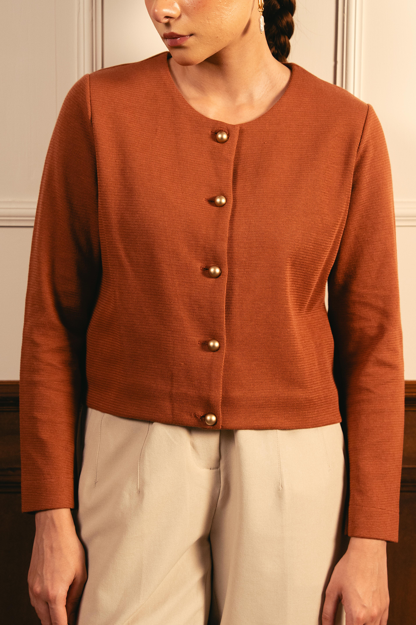 Tailored Round Neck Cardigan - Rust Main image