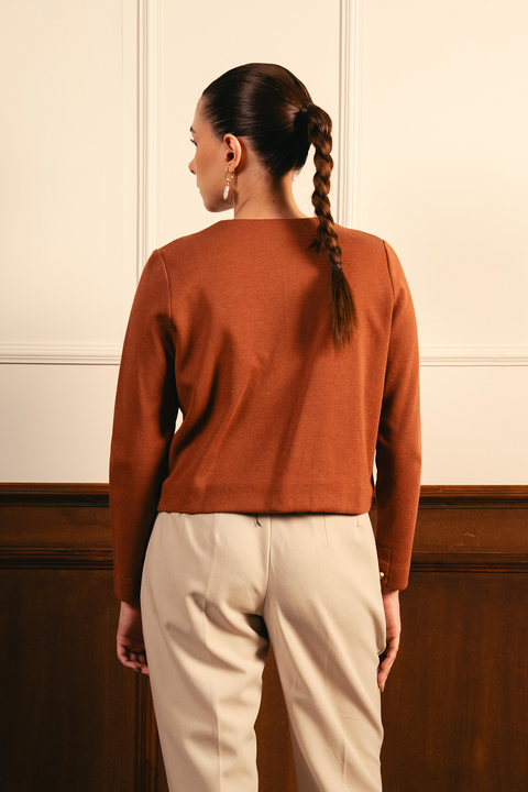 Tailored Round Neck Cardigan - Rust