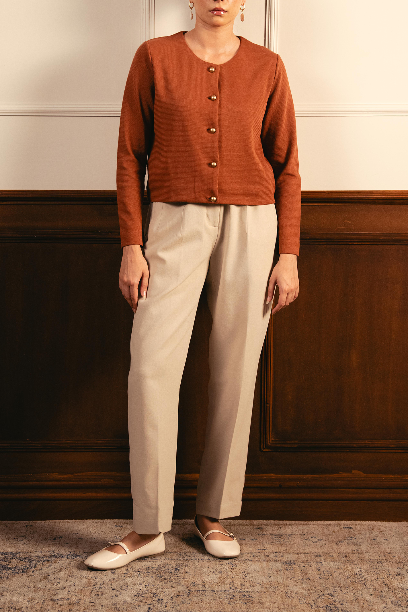 Tailored Round Neck Cardigan - Rust Secondary image