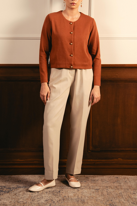 Tailored Round Neck Cardigan - Rust