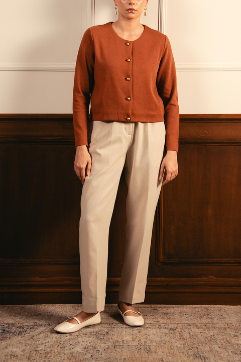 Tailored Round Neck Cardigan - Rust