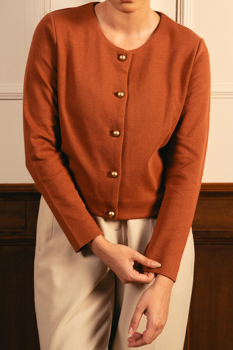 Tailored Round Neck Cardigan - Rust