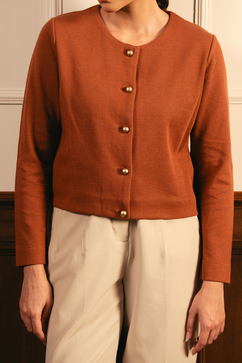 Tailored Round Neck Cardigan - Rust