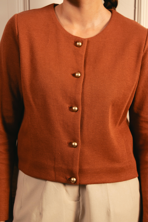 Tailored Round Neck Cardigan - Rust