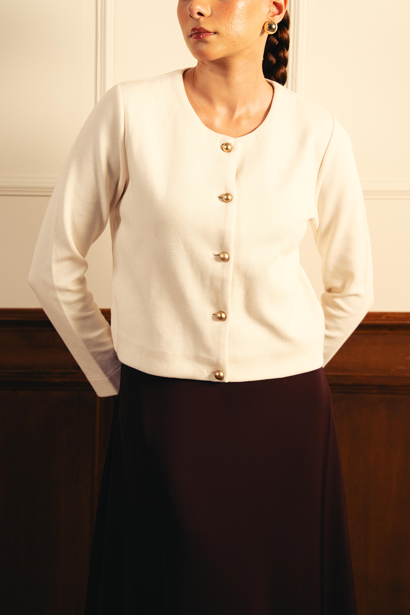 Tailored Round Neck Cardigan - Off-White Secondary image