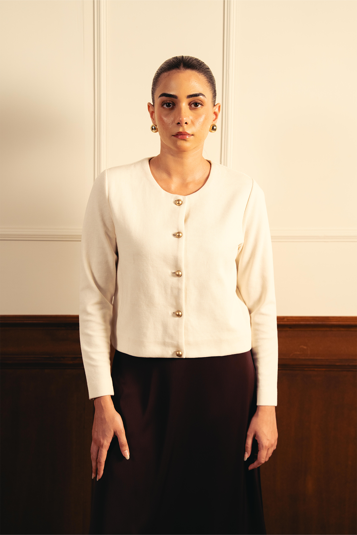 Tailored Round Neck Cardigan - Off-White Main image