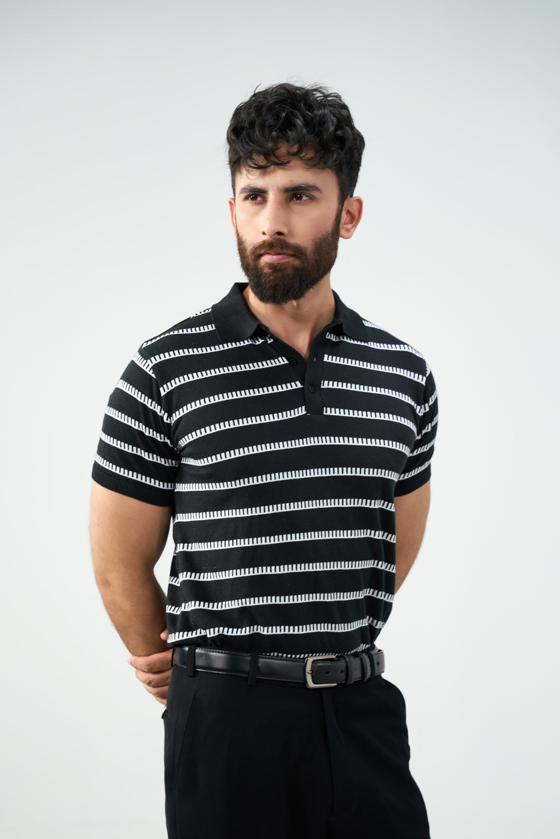 The knit strip polo - Black and white