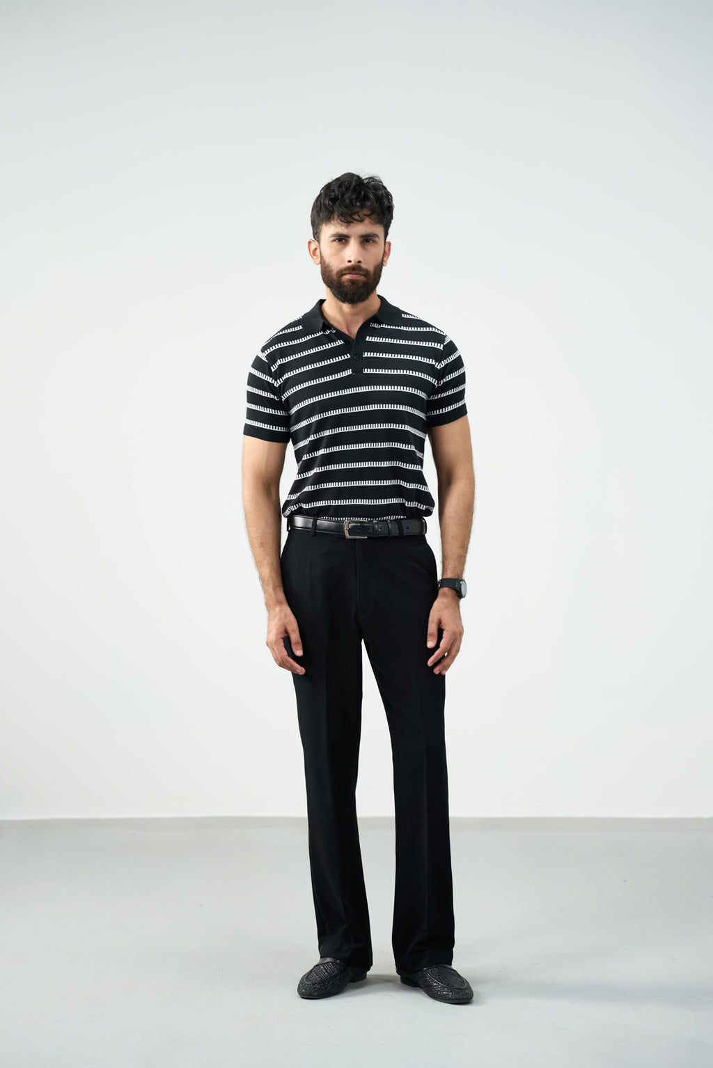 The knit strip polo - Black and white