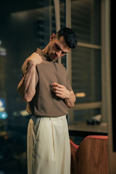 Zip-up Textured Polo Shirt - Camel