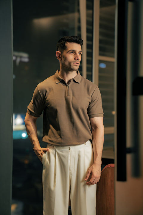 Zip-up Textured Polo Shirt - Camel