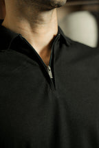 Zip-Up Textured Polo Shirt – Black