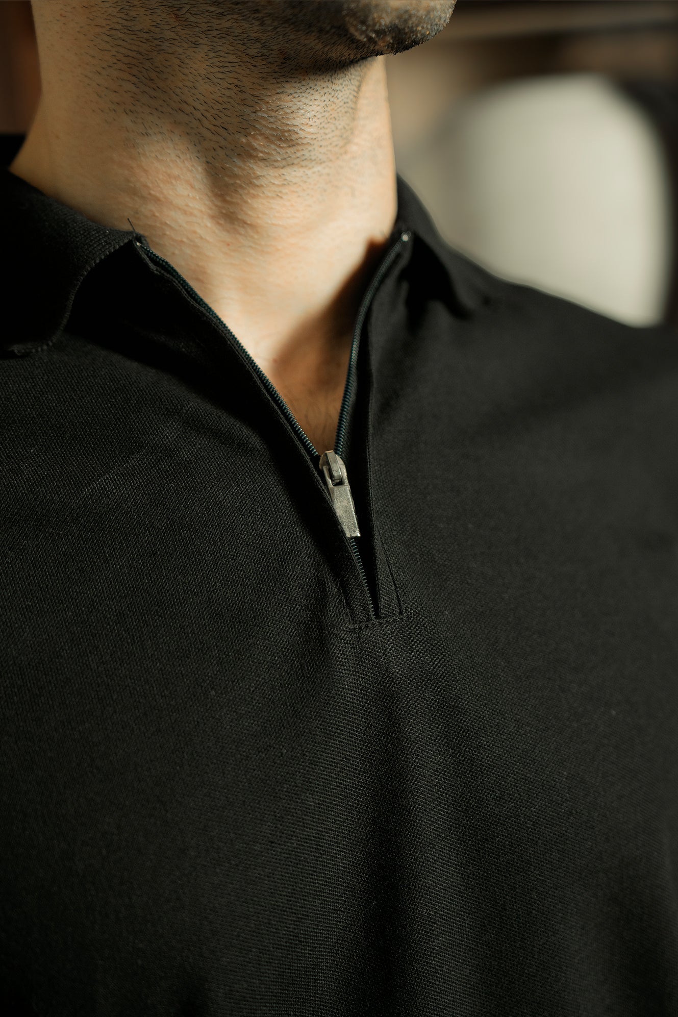 Zip-Up Textured Polo Shirt – Black