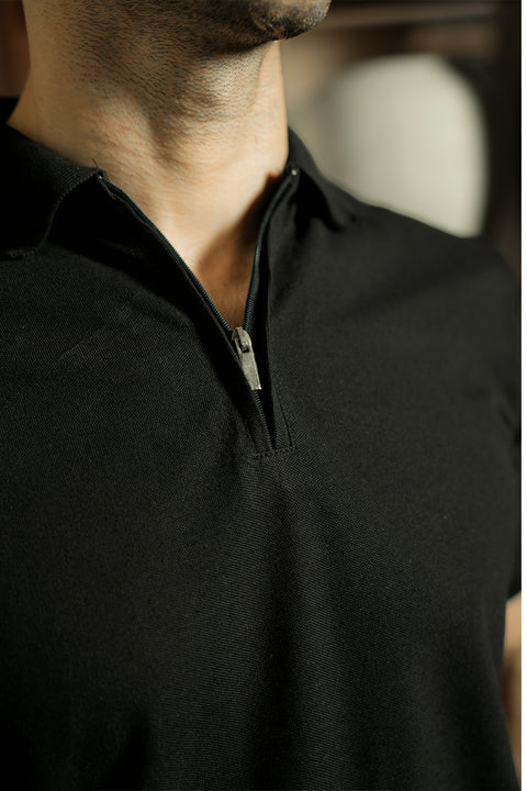 Zip-up Textured Polo Shirt - Black