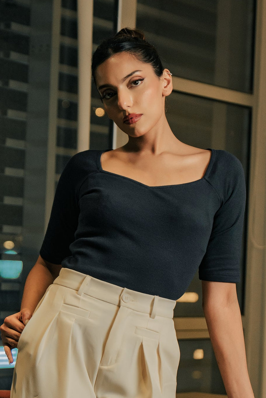 Sweet Heart Neck Top - Navy