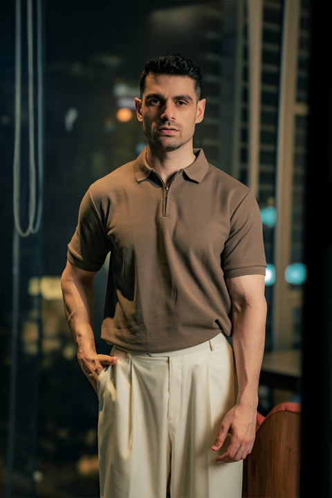 Zip-up Textured Polo Shirt - Camel