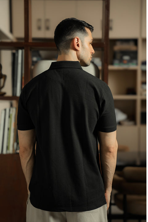 Zip-up Textured Polo Shirt - Black