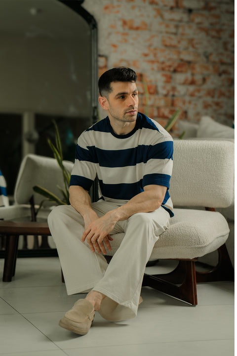 Crew Neck Stripe Tee - Navy and White