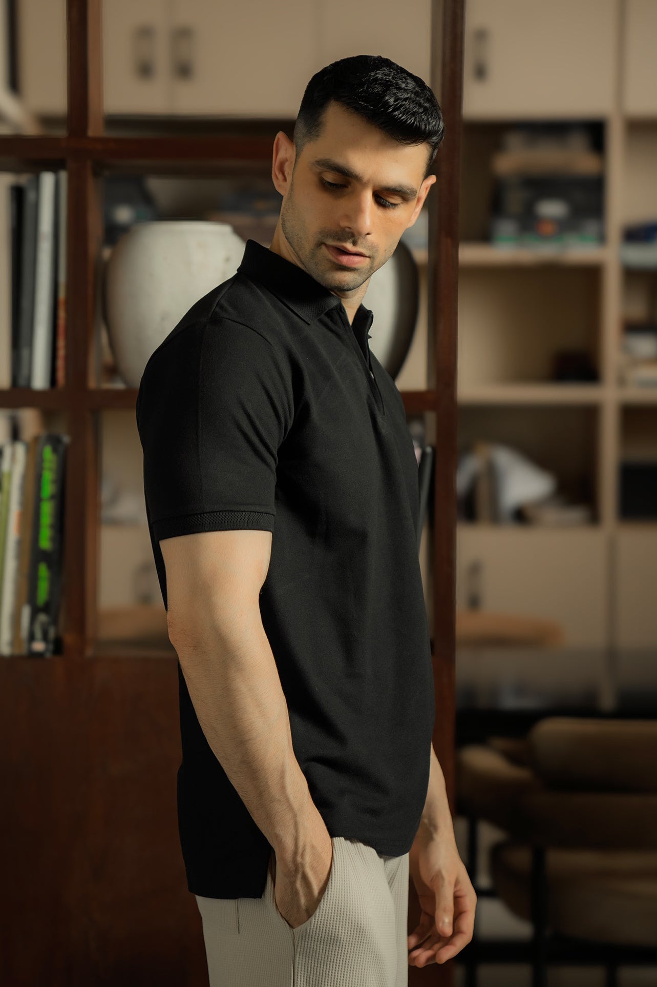 Zip-Up Textured Polo Shirt – Black Secondary image