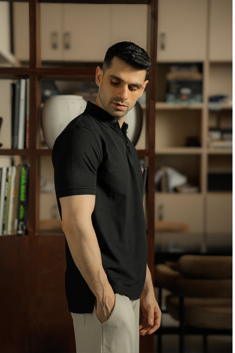 Zip-up Textured Polo Shirt - Black
